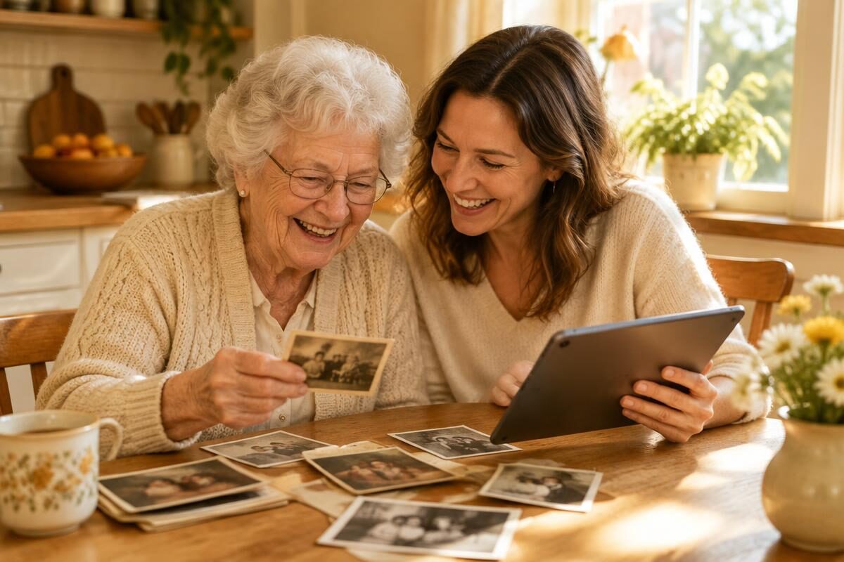 An older mother and her adult daughter laughing together over old family photographs and a tablet