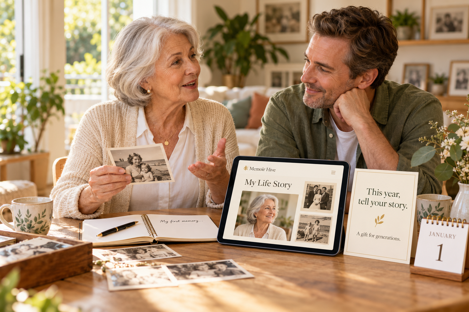 A mother and her adult son at a table with an open notebook reading “My first memory…”, old photographs and a tablet showing her Memoir Hive life story, a card reading “This year, tell your story” and a January 1 calendar